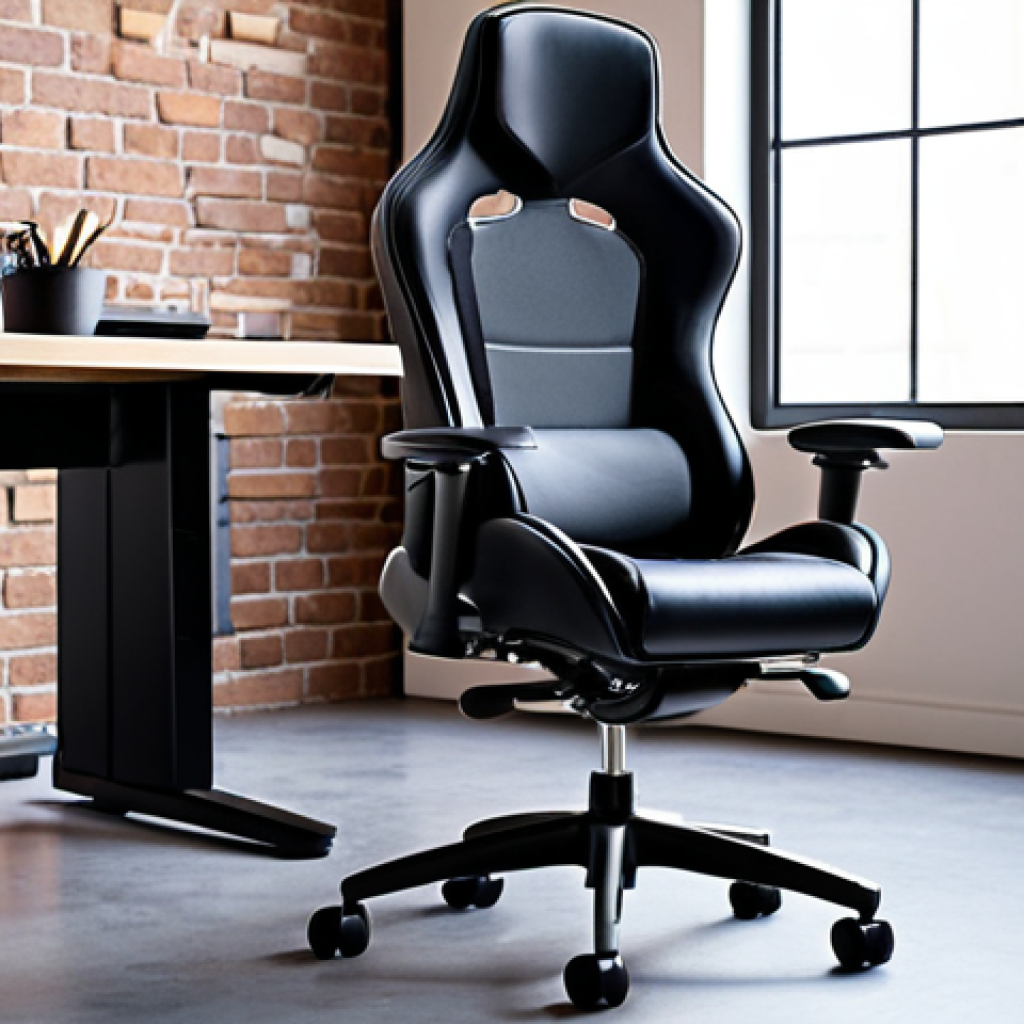 **Ergonomic Office Chair Design:** A sleek, modern ergonomic office chair designed with anthropometric data in mind. The chair should appear comfortable and supportive, showcasing adjustable features. Focus on the chair's biomechanical design for posture and comfort. The background could feature a brightly lit, modern workspace.