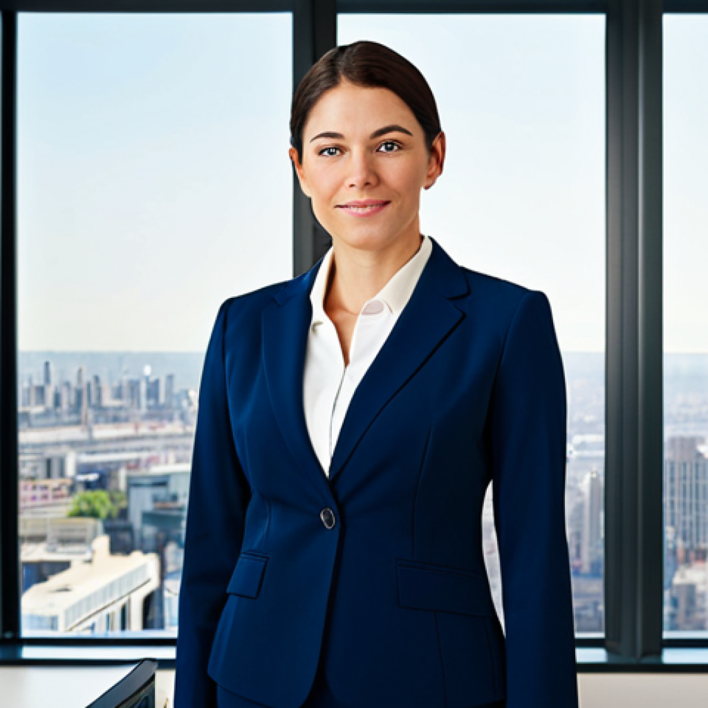 Professional Businesswoman**

"A professional businesswoman in a modest, dark blue business suit, standing in a bright, modern office with large windows overlooking a city skyline, fully clothed, appropriate attire, safe for work, perfect anatomy, natural proportions, professional photography, high quality, confident expression, family-friendly."

**
