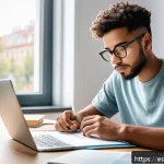 제품디자인 자격증 대비 단기 집중 공부법 - A focused young adult student sitting at a modern study desk in a bright room with morning sunlight ...