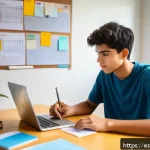 제품디자인 자격증 시험 합격 노하우 - A focused young adult student sitting at a modern study desk in a bright, cozy room, surrounded by n...