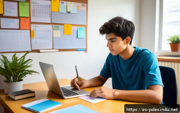 제품디자인 자격증 시험 합격 노하우 - A focused young adult student sitting at a modern study desk in a bright, cozy room, surrounded by n...